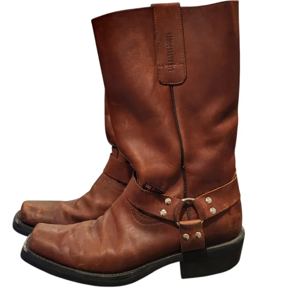 Los Altos Mens Brown Greasy Leather Motorcycle Square-Toe Cowboy Boots Size 9 - Picture 1 of 12